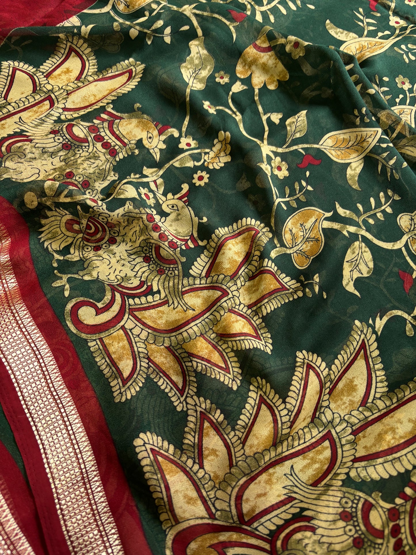 Semi Chiffon Kalamkari : Printed Dark green-maroon