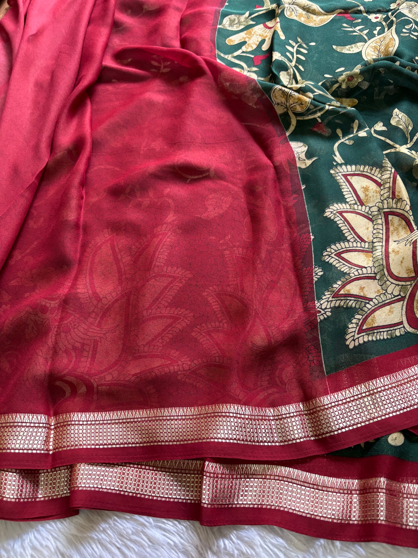 Semi Chiffon Kalamkari : Printed Dark green-maroon