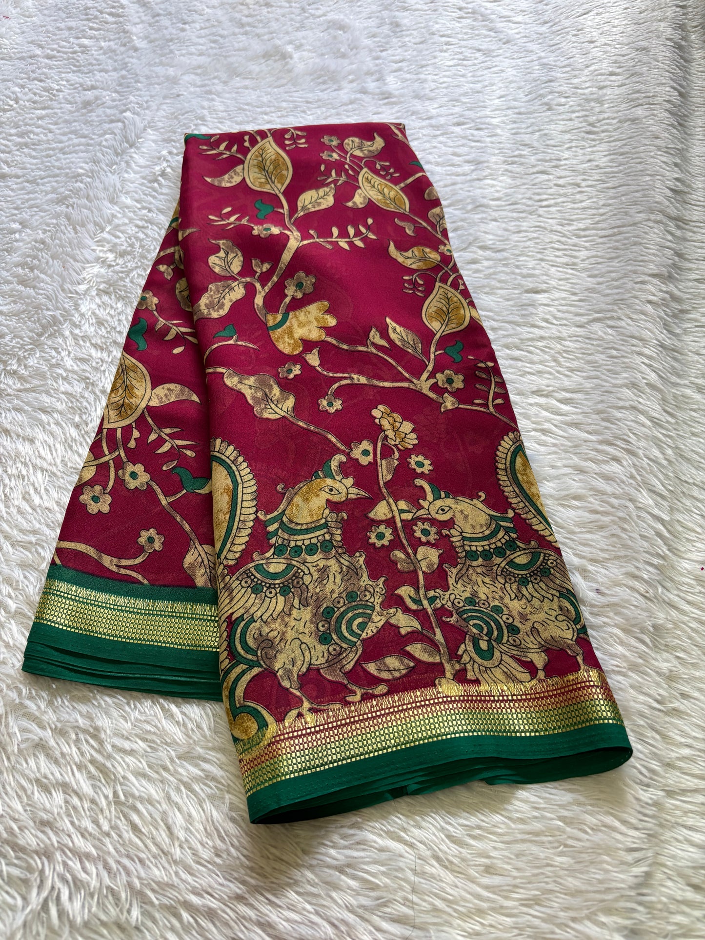 Semi Chiffon Kalamkari : Printed Maroon-bottle green