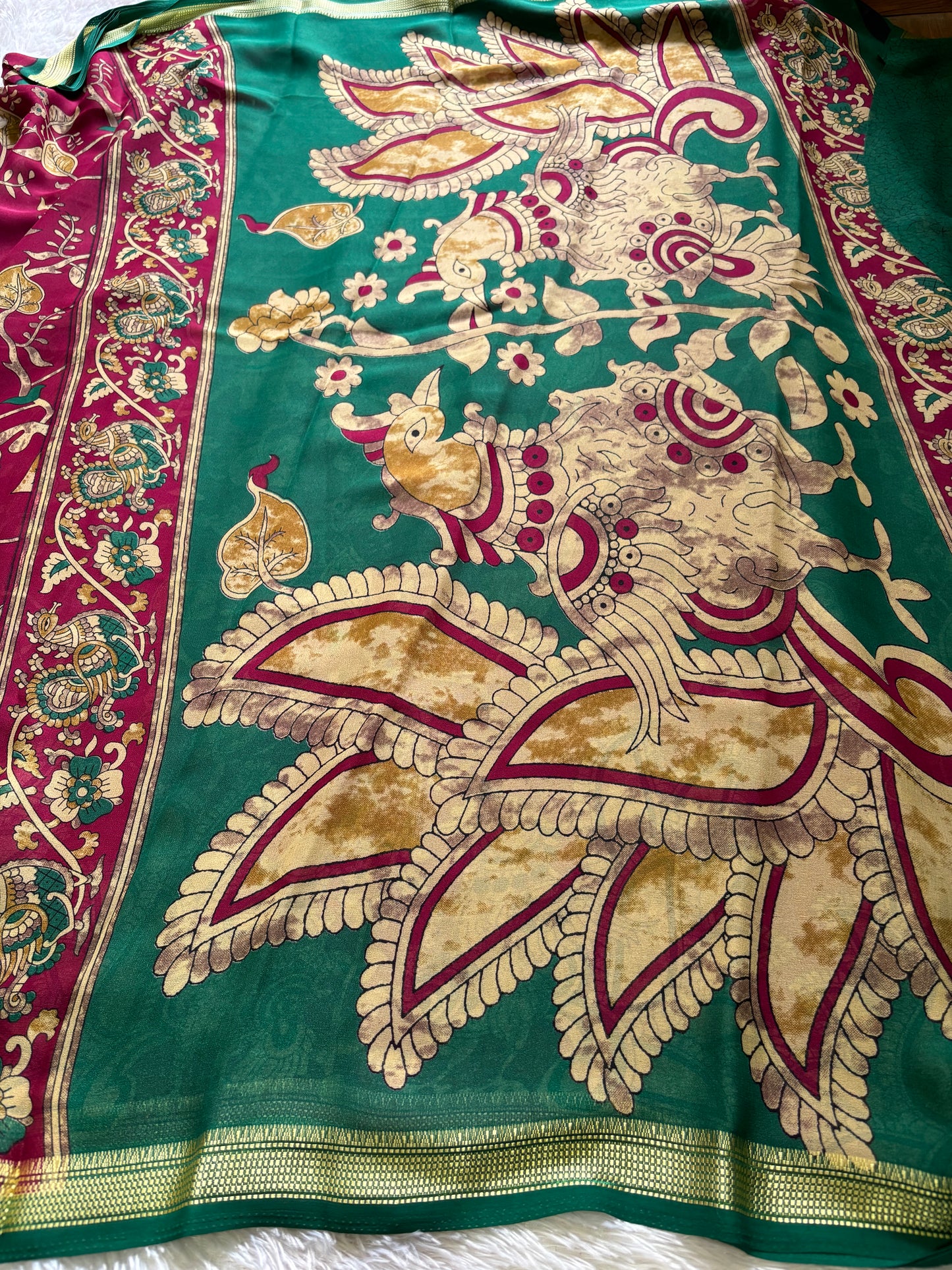 Semi Chiffon Kalamkari : Printed Maroon-bottle green