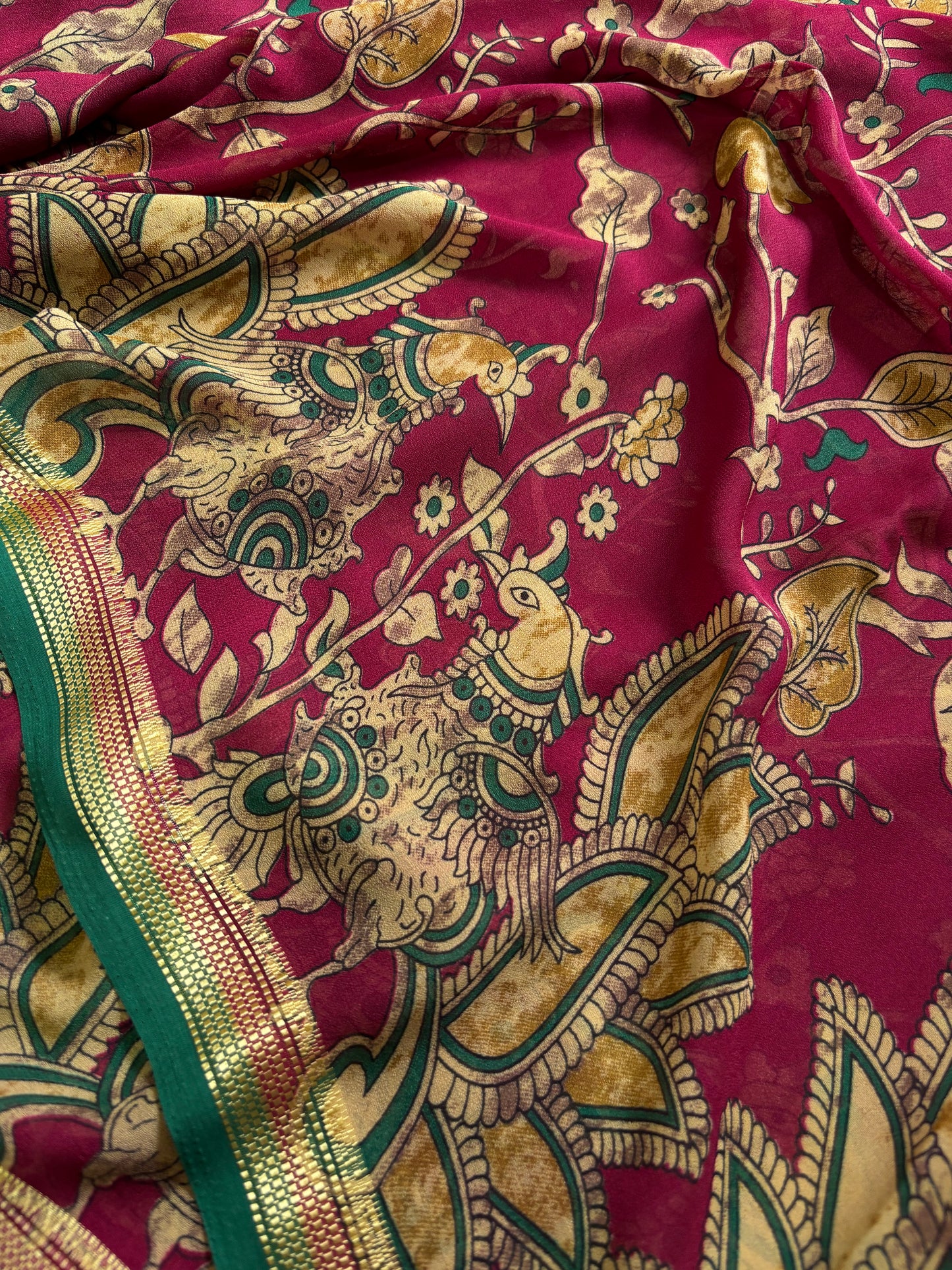 Semi Chiffon Kalamkari : Printed Maroon-bottle green