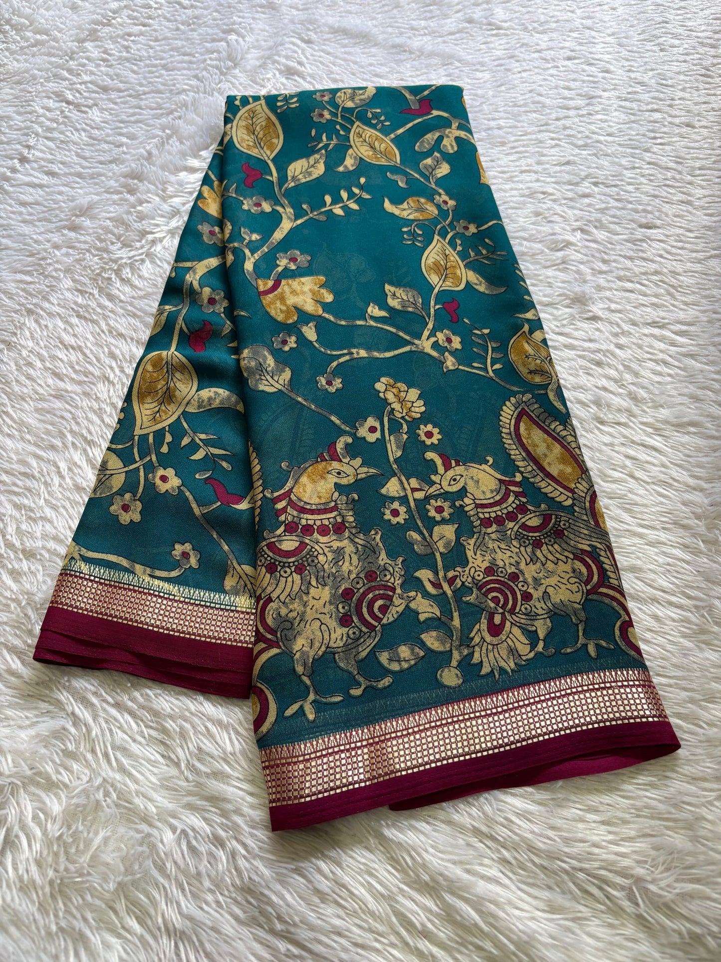 Semi Chiffon Kalamkari : Printed Teal green-deep magenta