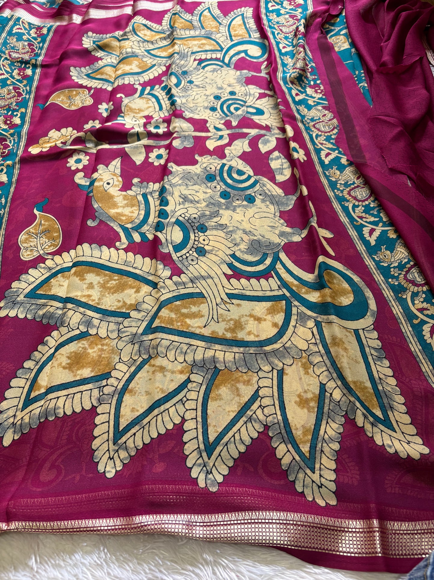 Semi Chiffon Kalamkari : Printed Teal green-deep magenta