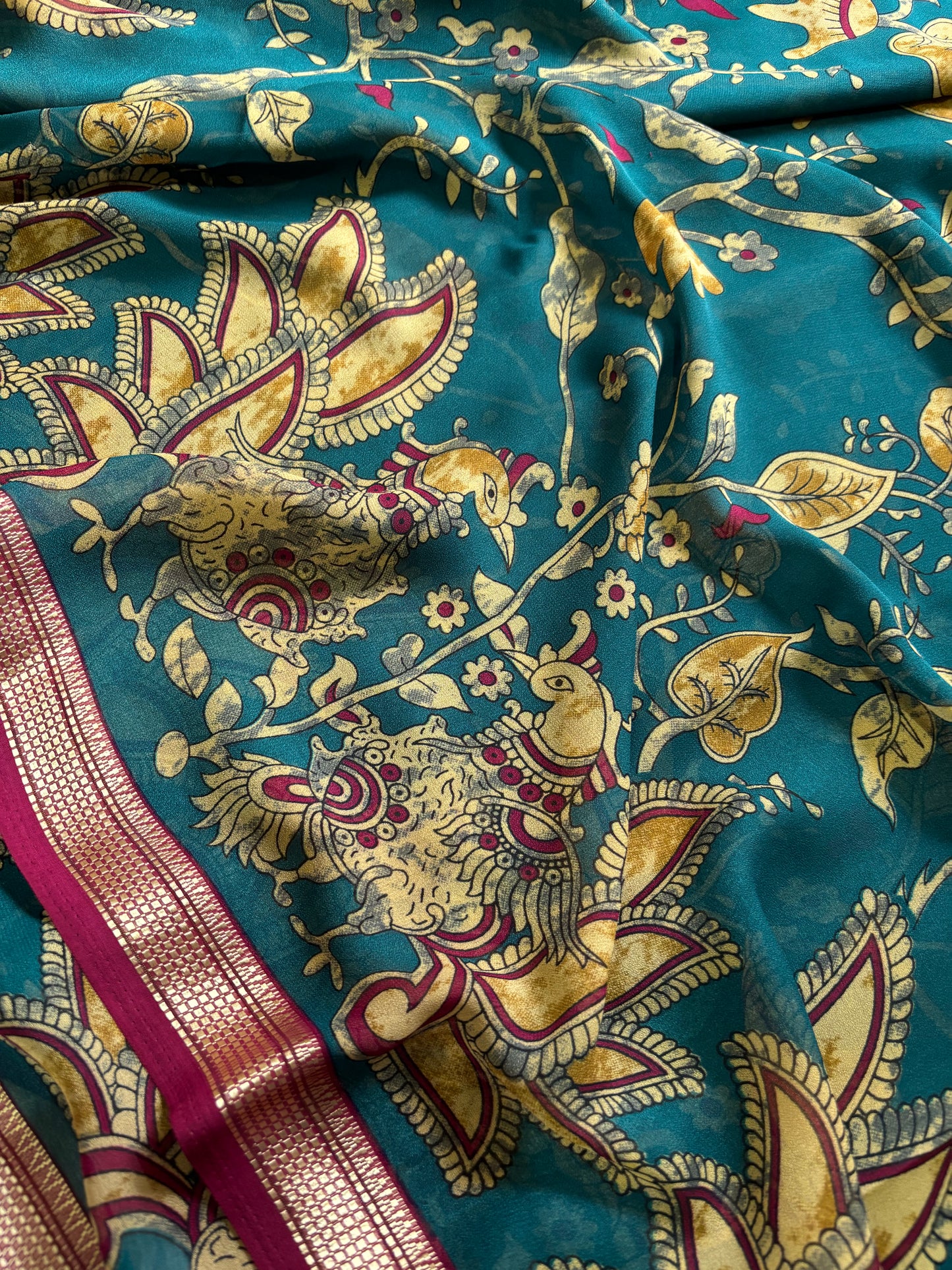 Semi Chiffon Kalamkari : Printed Teal green-deep magenta