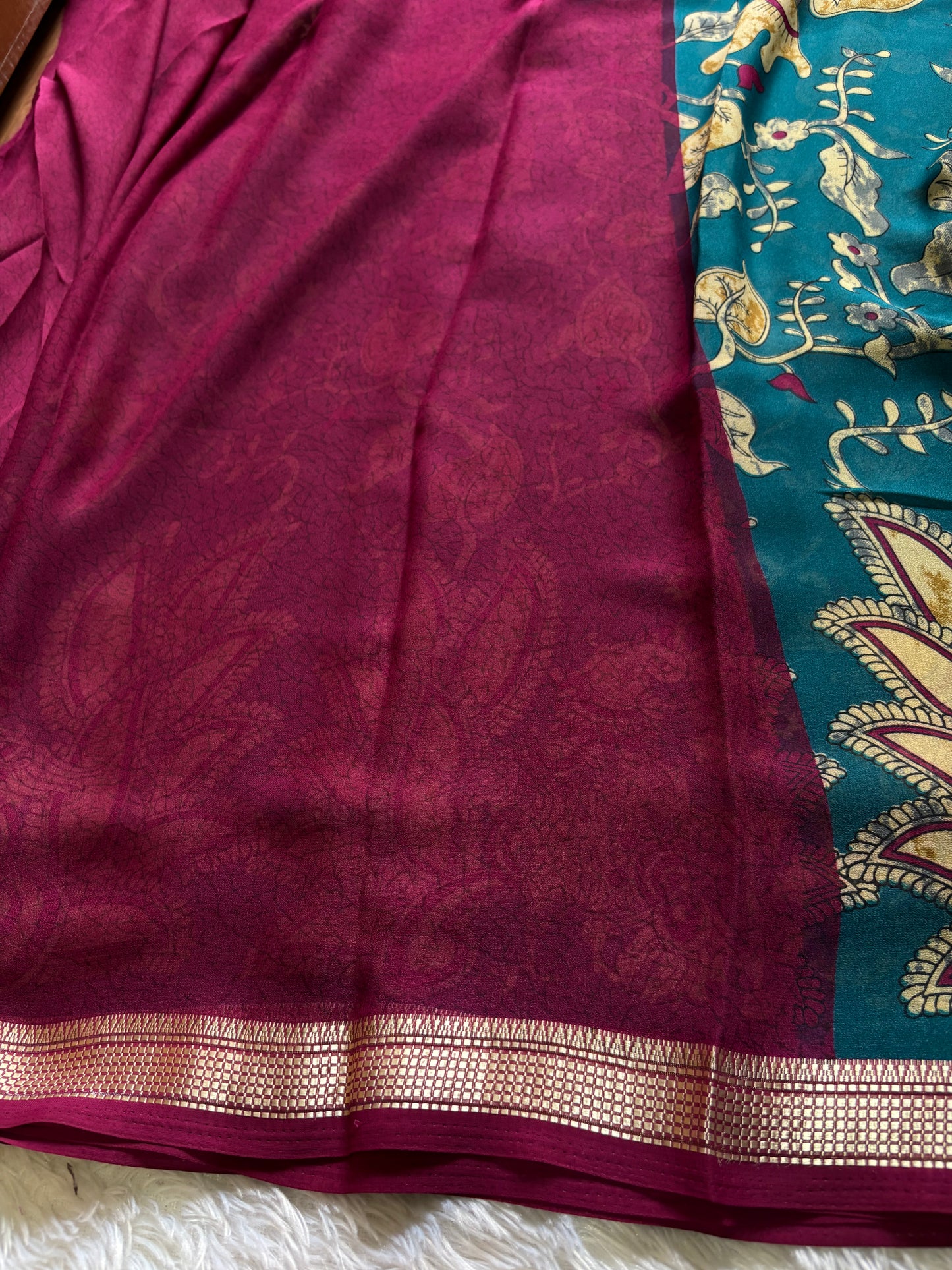 Semi Chiffon Kalamkari : Printed Teal green-deep magenta