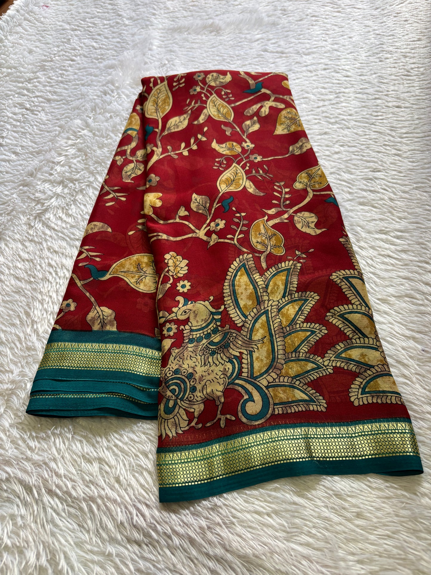 Semi Chiffon Kalamkari : Printed Maroon-teal green