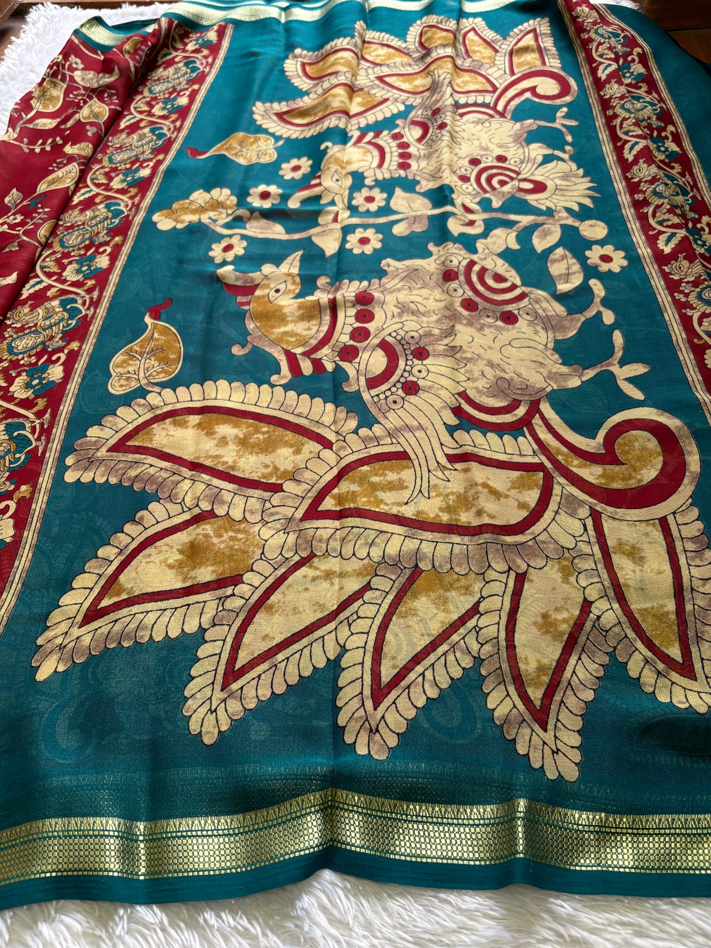 Semi Chiffon Kalamkari : Printed Maroon-teal green