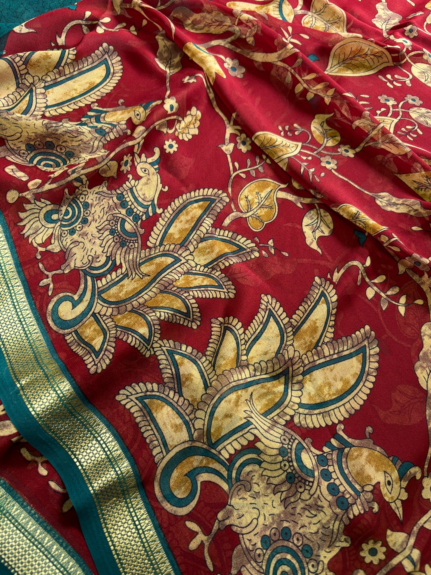 Semi Chiffon Kalamkari : Printed Maroon-teal green