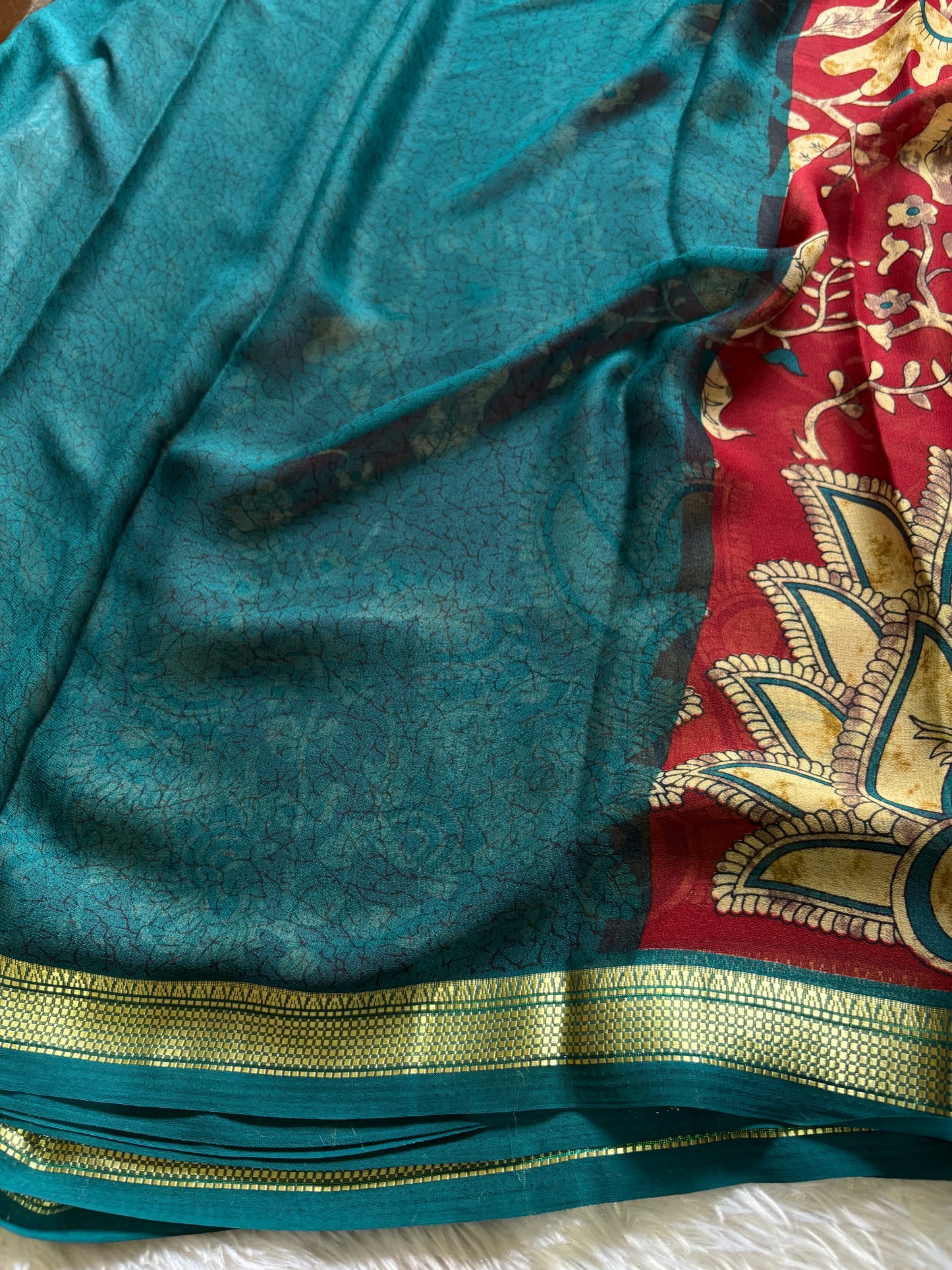 Semi Chiffon Kalamkari : Printed Maroon-teal green