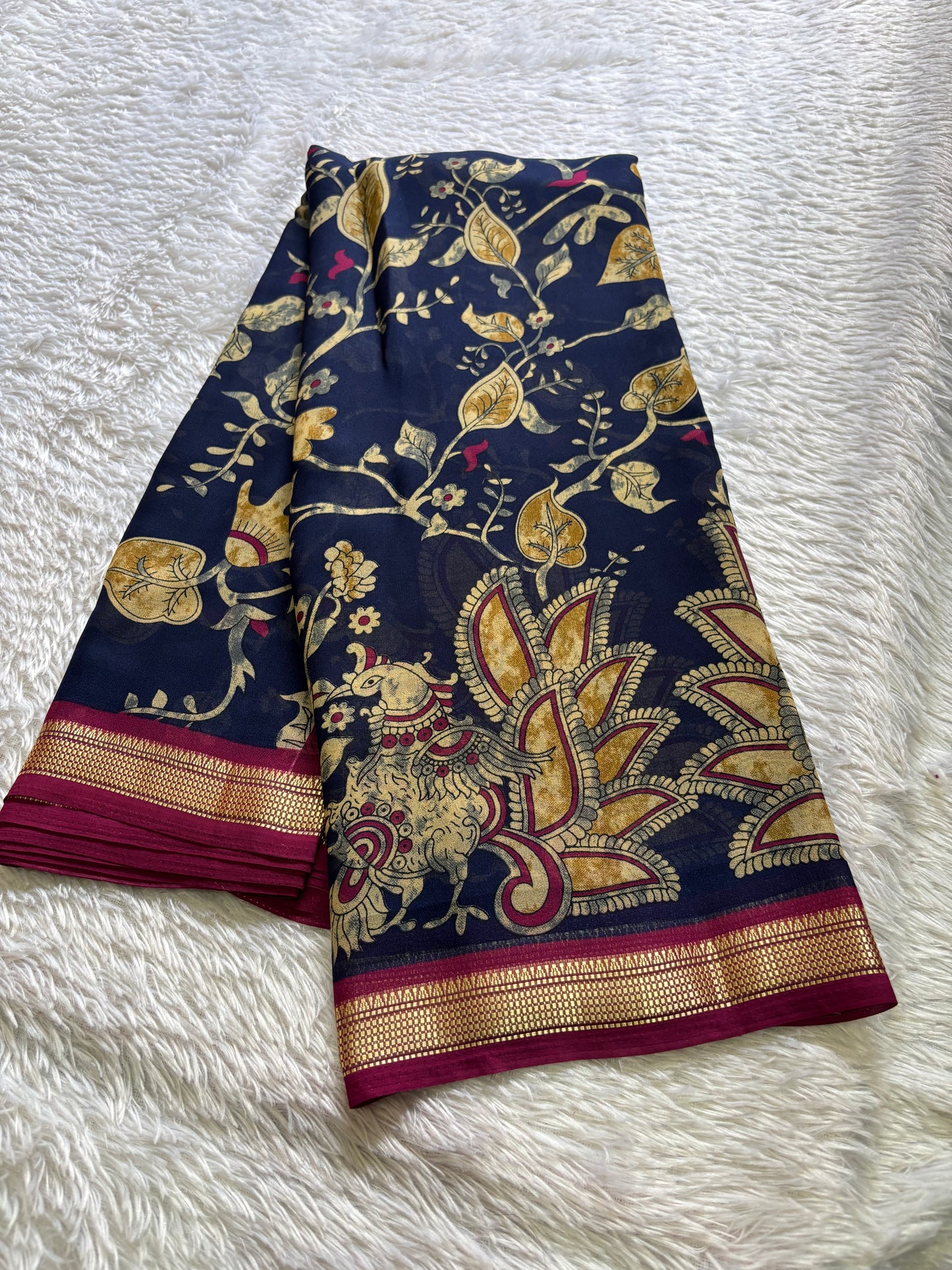Semi Chiffon Kalamkari : Printed Navy blue-maroon