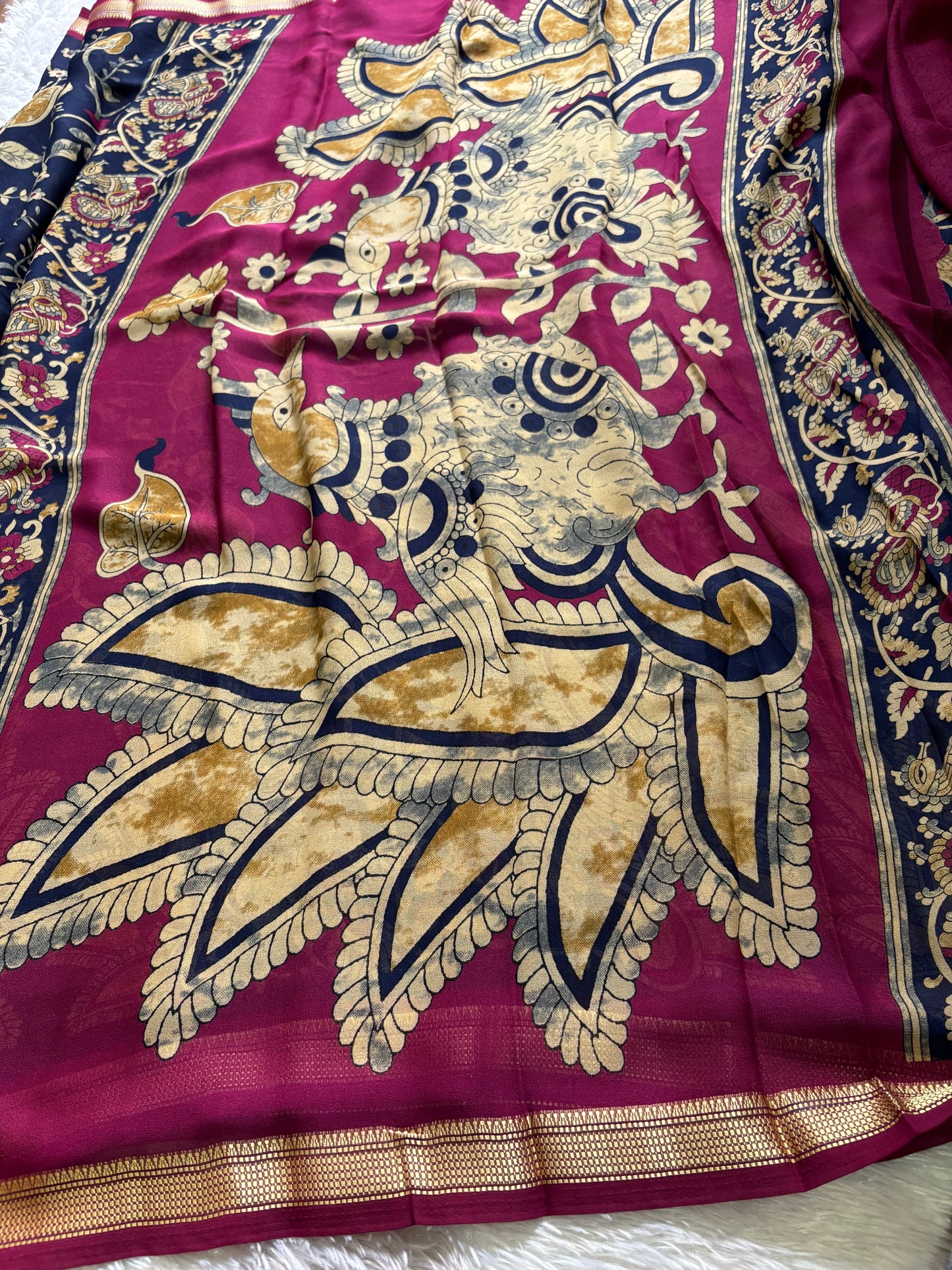 Semi Chiffon Kalamkari : Printed Navy blue-maroon