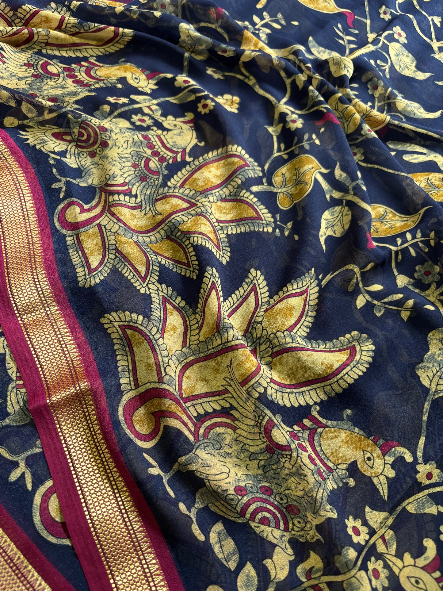 Semi Chiffon Kalamkari : Printed Navy blue-maroon