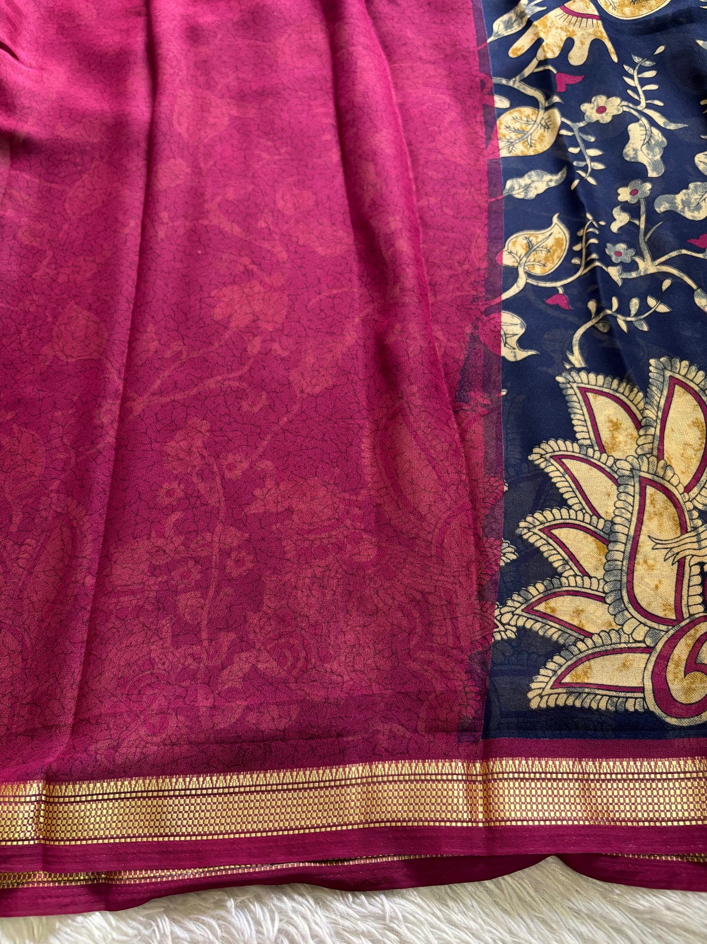 Semi Chiffon Kalamkari : Printed Navy blue-maroon