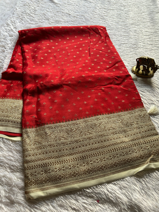 Soft Crepe Banarasi (2D) : Red-off white