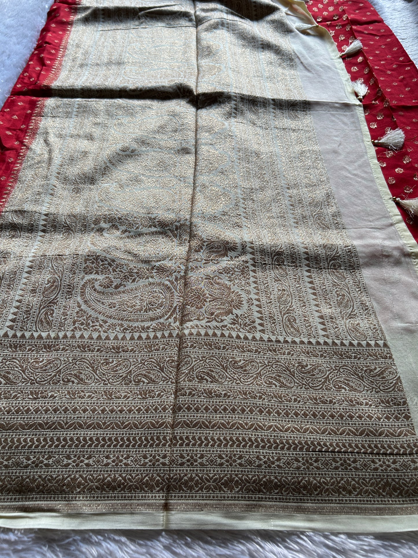 Soft Crepe Banarasi (2D) : Red-off white