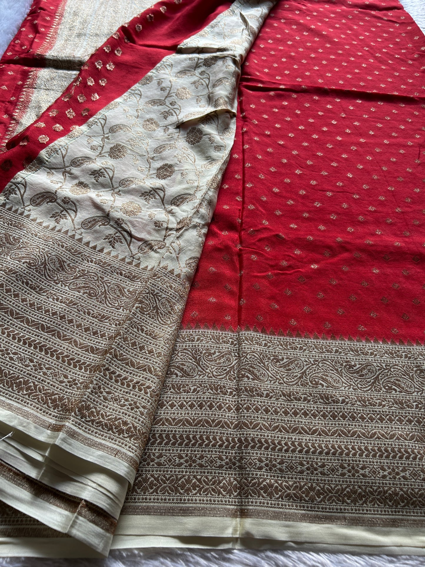 Soft Crepe Banarasi (2D) : Red-off white