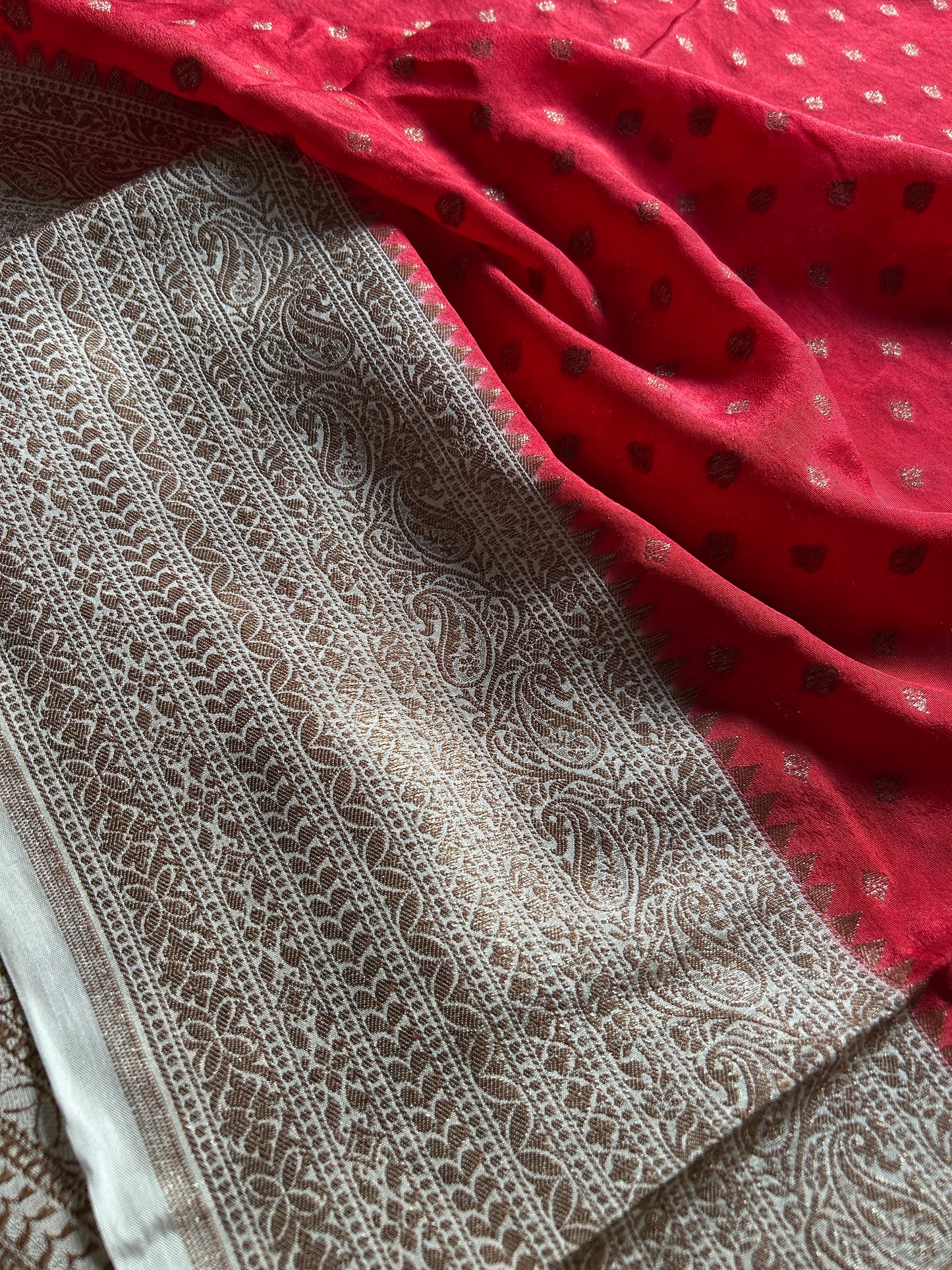 Soft Crepe Banarasi (2D) : Red-off white
