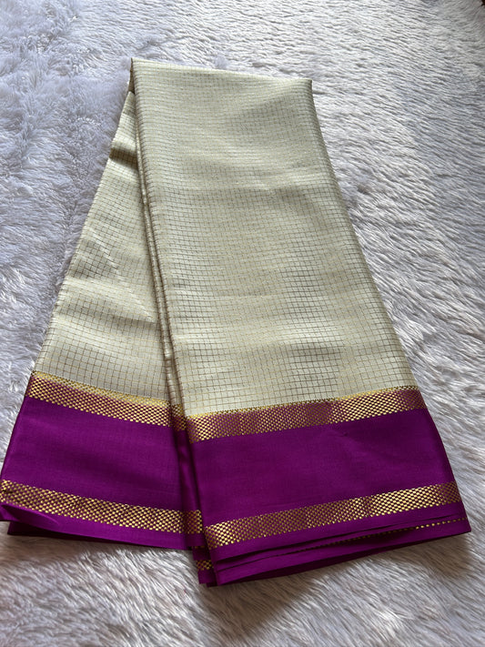 Off white-magenta pure Mysore crepe silk