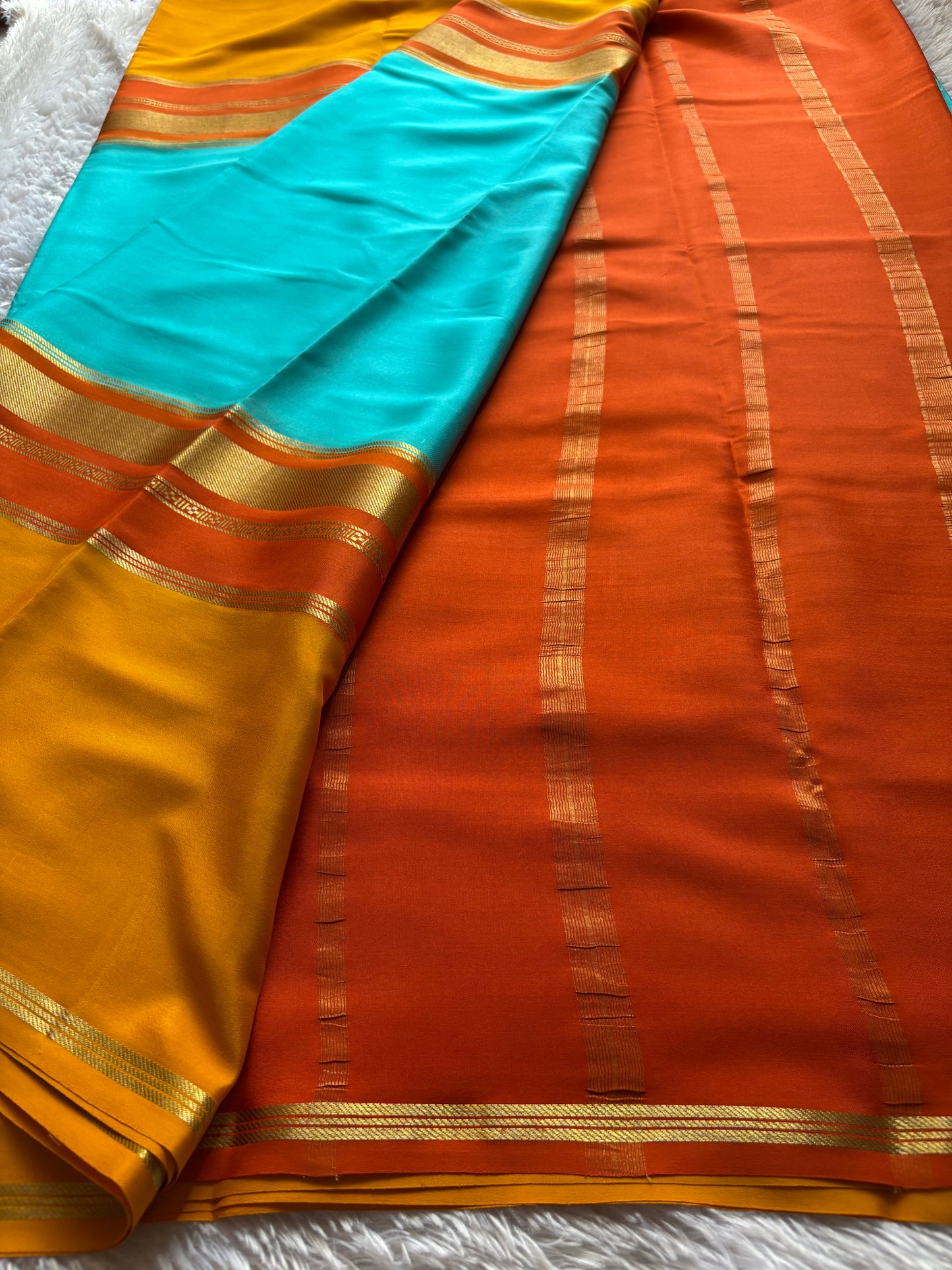 Triveni (3D) : Sea blue-orange-golden yellow